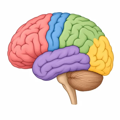A side-view brain diagram shows several differently colored functional regions.