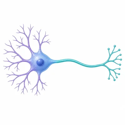 A neuron with dendrites, cell body, and axon shown as distinct colored parts.