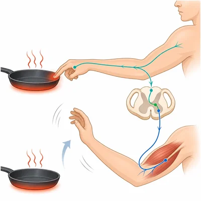 A hand pulls away from a hot pan as nerve signals travel through a reflex pathway.