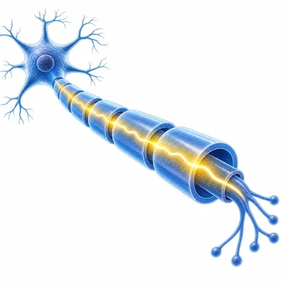 A glowing electrical pulse travels along the axon of a neuron.