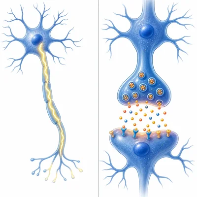 An electrical signal travels along an axon while chemical particles cross a synapse.