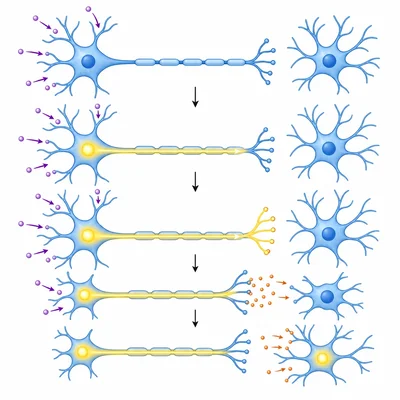 A neuron receives a message, sends an impulse down the axon, and releases neurotransmitters to another neuron.