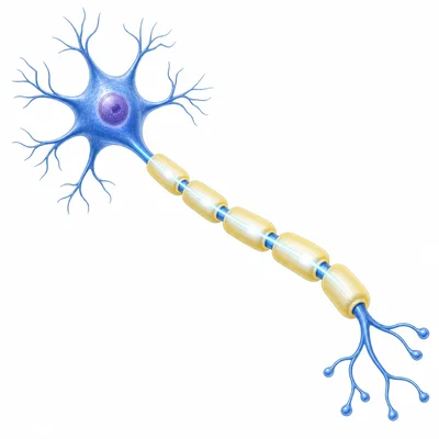 A neuron axon is covered by segmented myelin sheaths with an impulse traveling along it.