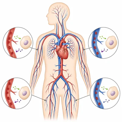 Diagram of the heart and blood vessels carrying materials to and from body cells.