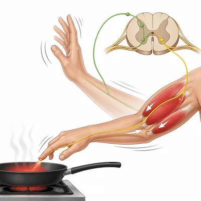 Illustration of a hand pulling away from a hot pan with nerves and muscles shown.
