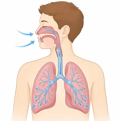 Diagram of lungs and airways showing air moving in and out.