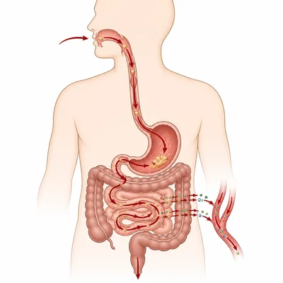 Digestive system diagram showing food being broken down and nutrients entering blood vessels.