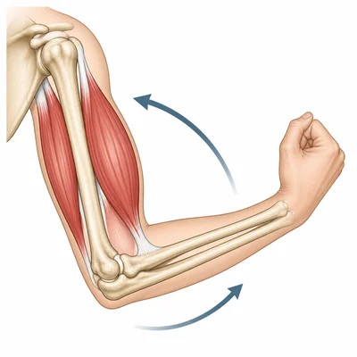 Arm diagram showing muscles pulling on bones to bend the elbow.