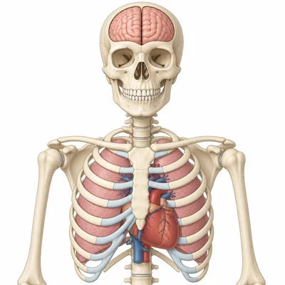 Skeleton diagram showing the skull and rib cage protecting organs.