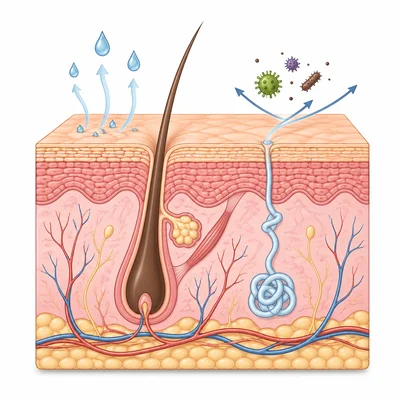 Skin cross-section showing layers, hair follicle, sweat gland, and barrier function.