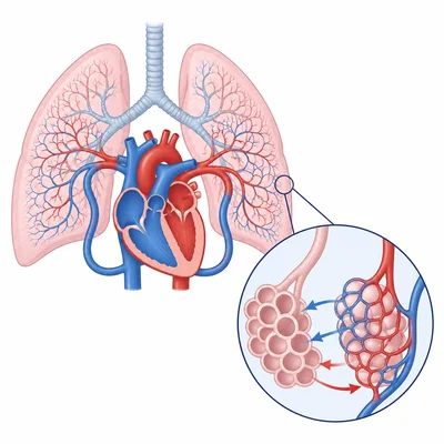 Diagram showing lungs and heart working together to exchange gases and circulate blood.