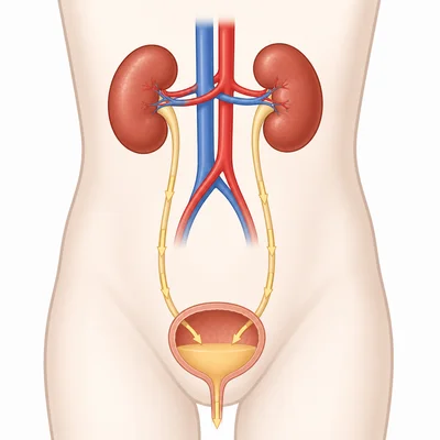Diagram of kidneys filtering blood and sending liquid waste to the bladder.