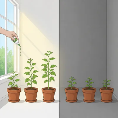 Two plant groups differ in both fertilizer and sunlight, showing a confounded experiment.