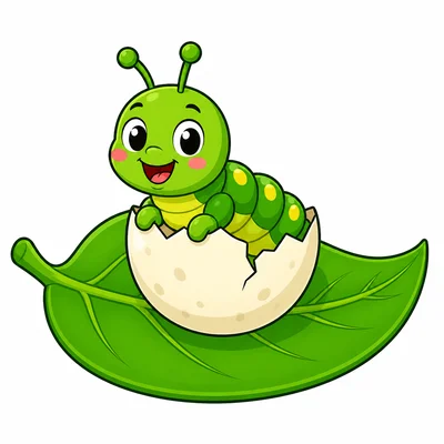 A caterpillar hatching from an egg on a leaf.