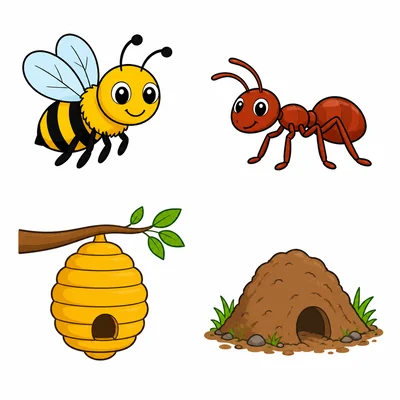 A bee, an ant, a hive, and an anthill.