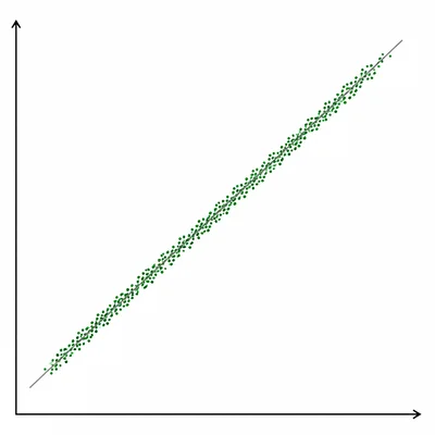 Scatter plot with points tightly clustered around an upward line, showing very strong positive correlation.