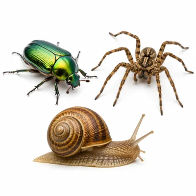 A beetle, spider, and snail shown together as examples of animal groups.