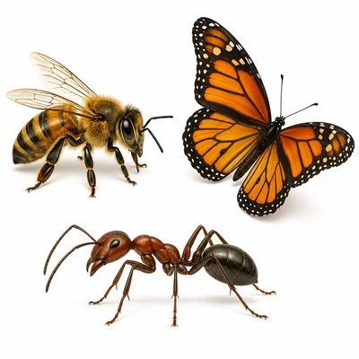 A bee, an ant, and a butterfly showing shared insect features.