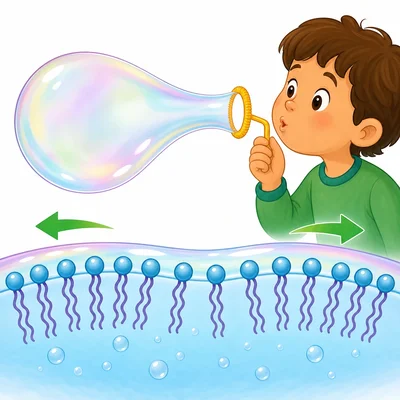 Soap helps a water film stretch into a bubble as a child blows through a wand.