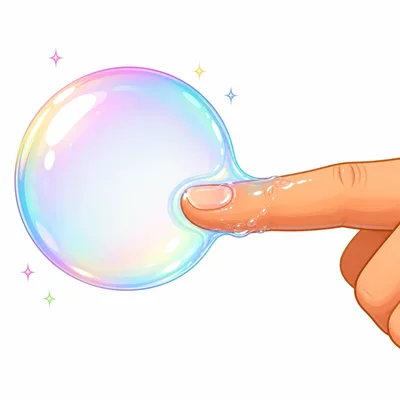 A wet finger touches a bubble without popping it right away.