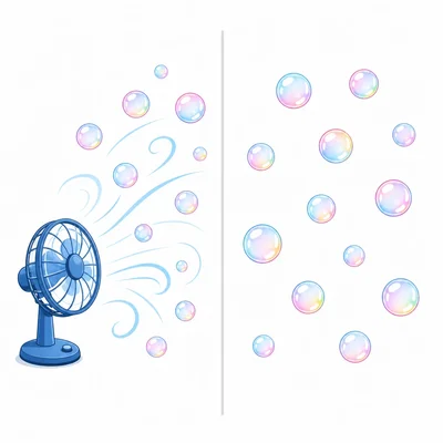 Bubbles near a fan compared with bubbles floating in still air.
