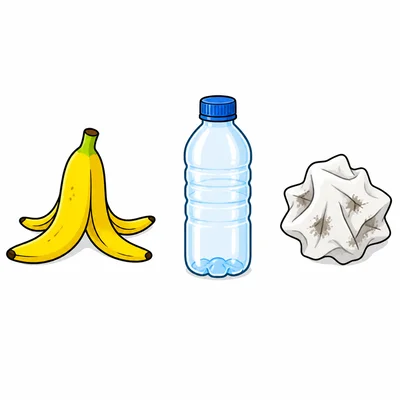 A banana peel, a plastic bottle, and a dirty tissue.