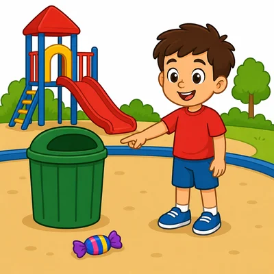 A child sees a wrapper near a trash can on a playground.