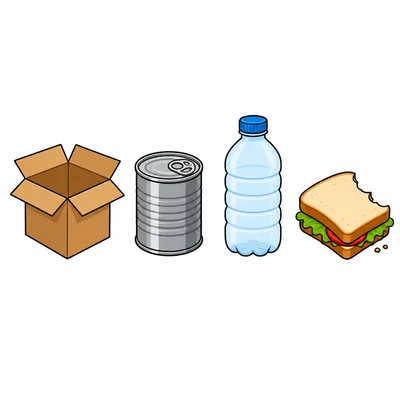 A cardboard box, can, plastic bottle, and leftover sandwich.