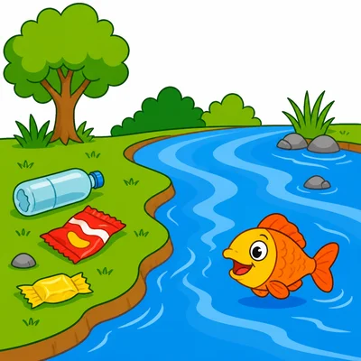 A fish in a clean river with trash on the bank.