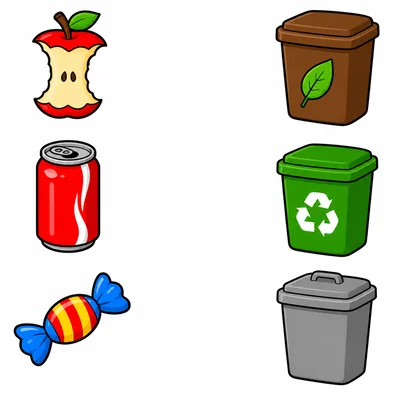 An apple core, soda can, and candy wrapper next to three bins.