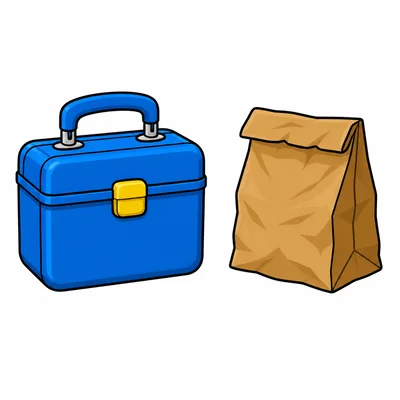 A reusable lunchbox next to a paper bag.