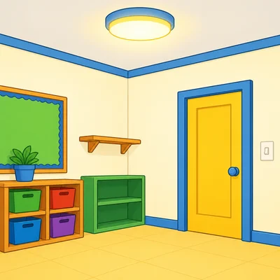 An empty classroom with the light on and a light switch.