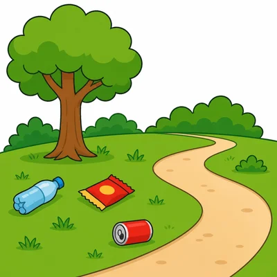 A park with litter on the grass and path.