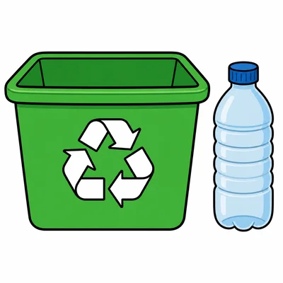 A recycling bin and a plastic bottle.