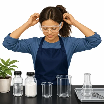 Student wearing goggles and apron prepares safely for a lab with beakers.