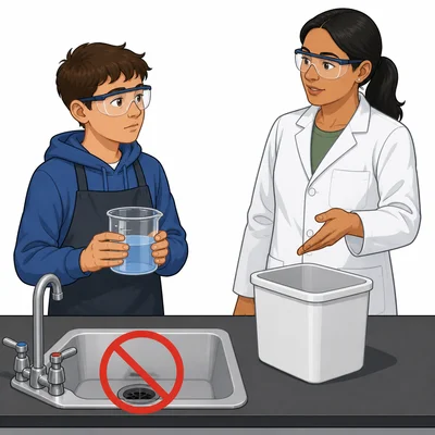 Student is directed to dispose of leftover chemicals safely instead of using the sink.