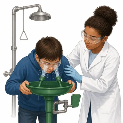 Student rinses eyes at an eyewash station after a chemical splash.