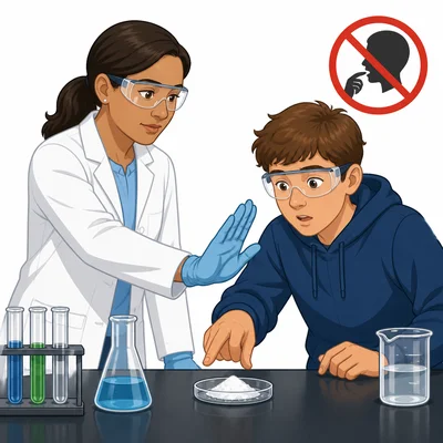 Teacher stops a student from tasting an unknown white powder.