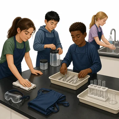 Students clean up, store equipment, close containers, and wash hands after a lab.