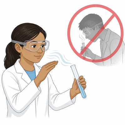 Student safely wafts fumes from a test tube instead of smelling directly.