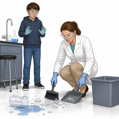 Teacher safely cleans up a broken beaker while student stays back.