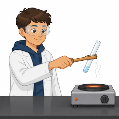 Student safely heats a test tube angled away using a holder.