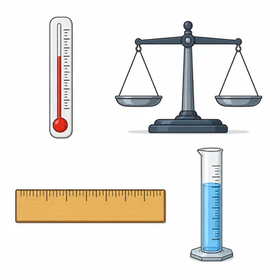 Thermometer, balance, ruler, and graduated cylinder shown together.
