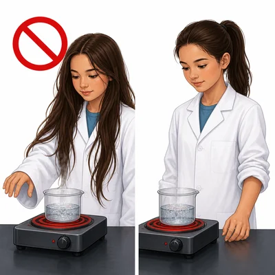 Student fixes loose hair and sleeves before working near a hot plate.