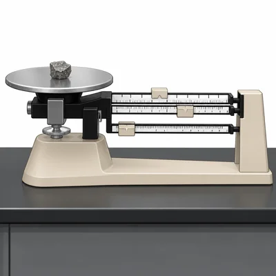 Triple beam balance measuring the mass of a small object.