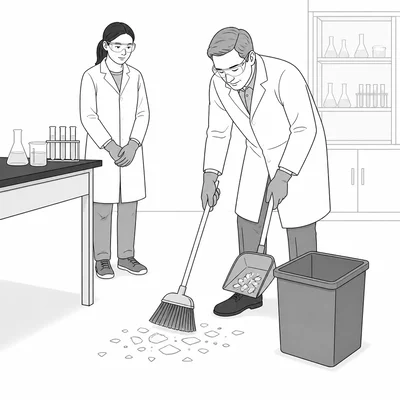 Broken glass is cleaned up with a broom and dustpan and placed in a rigid container.