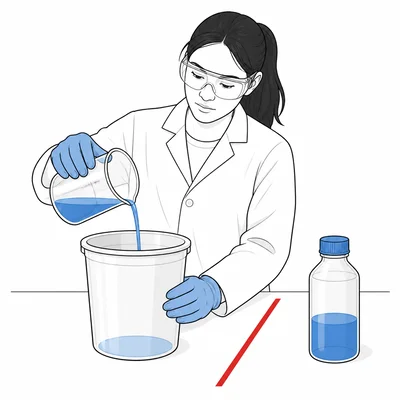 Leftover solution is poured into a waste container instead of back into the stock bottle.