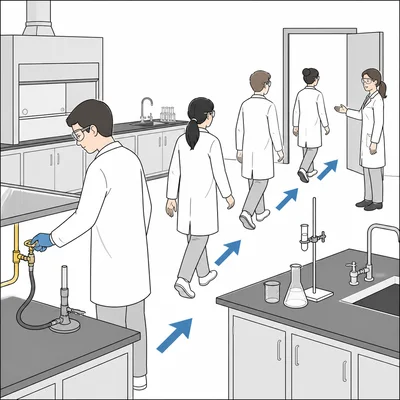 Students shut off a burner and calmly evacuate the lab under teacher guidance.