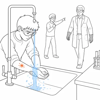 Student rinses a chemical splash on the forearm while a classmate alerts the teacher.