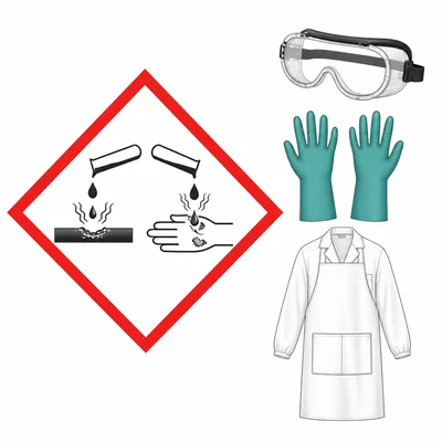 Corrosion hazard pictogram with goggles, gloves, and lab coat.